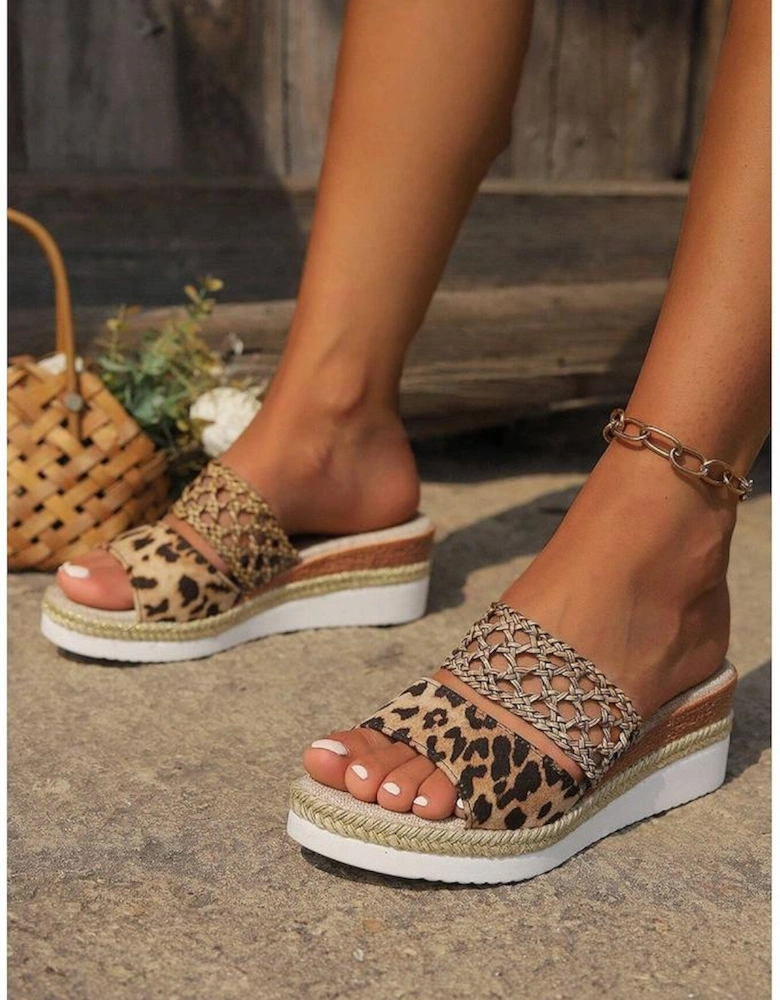 Chestnut Leopard Print Braided Details Wedge Slippers