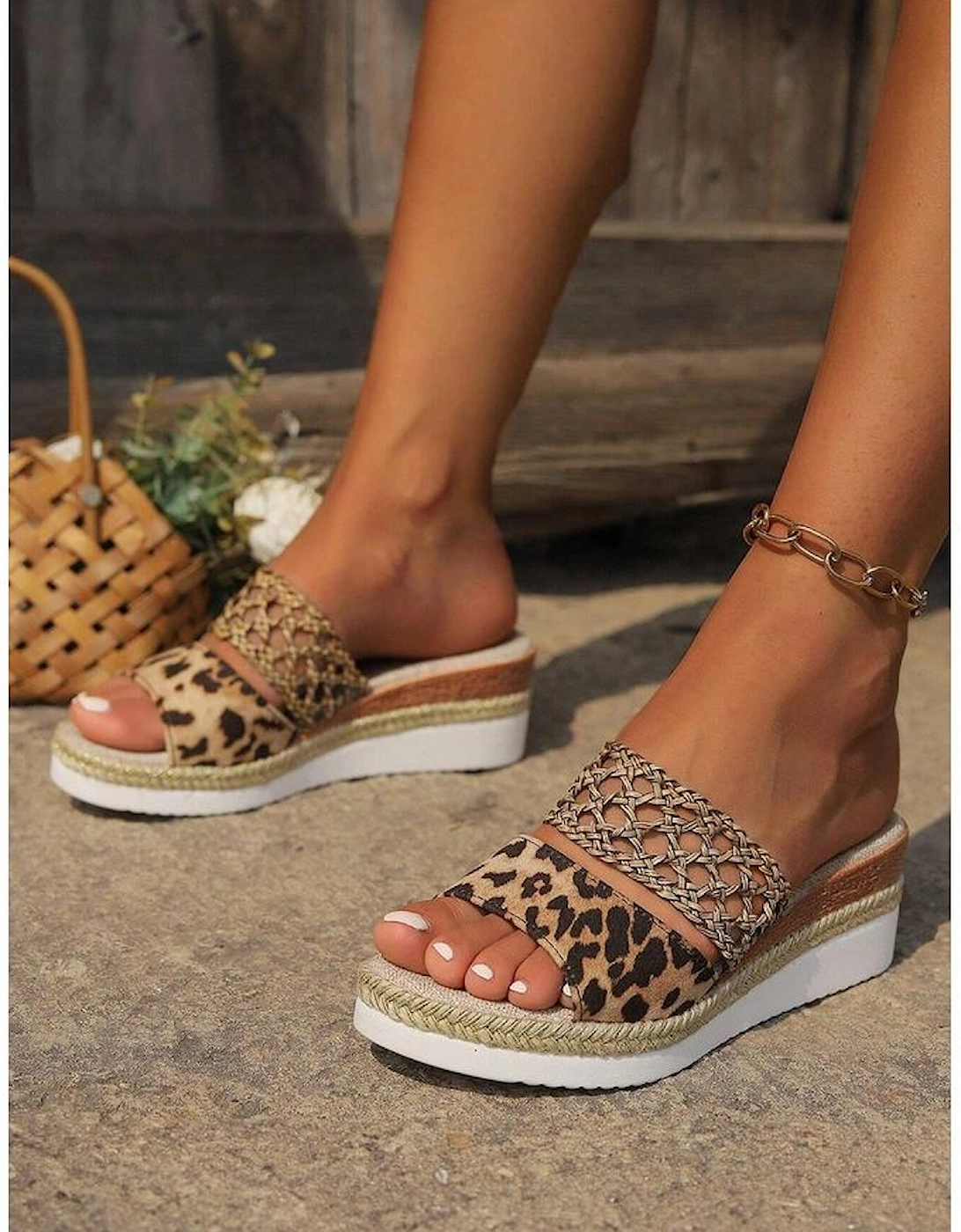 Chestnut Leopard Print Braided Details Wedge Slippers