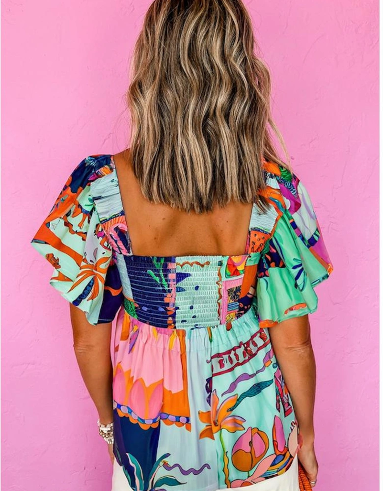 Sky Blue Tropical Printed Square Neck Flutter Sleeve Babydoll Blouse