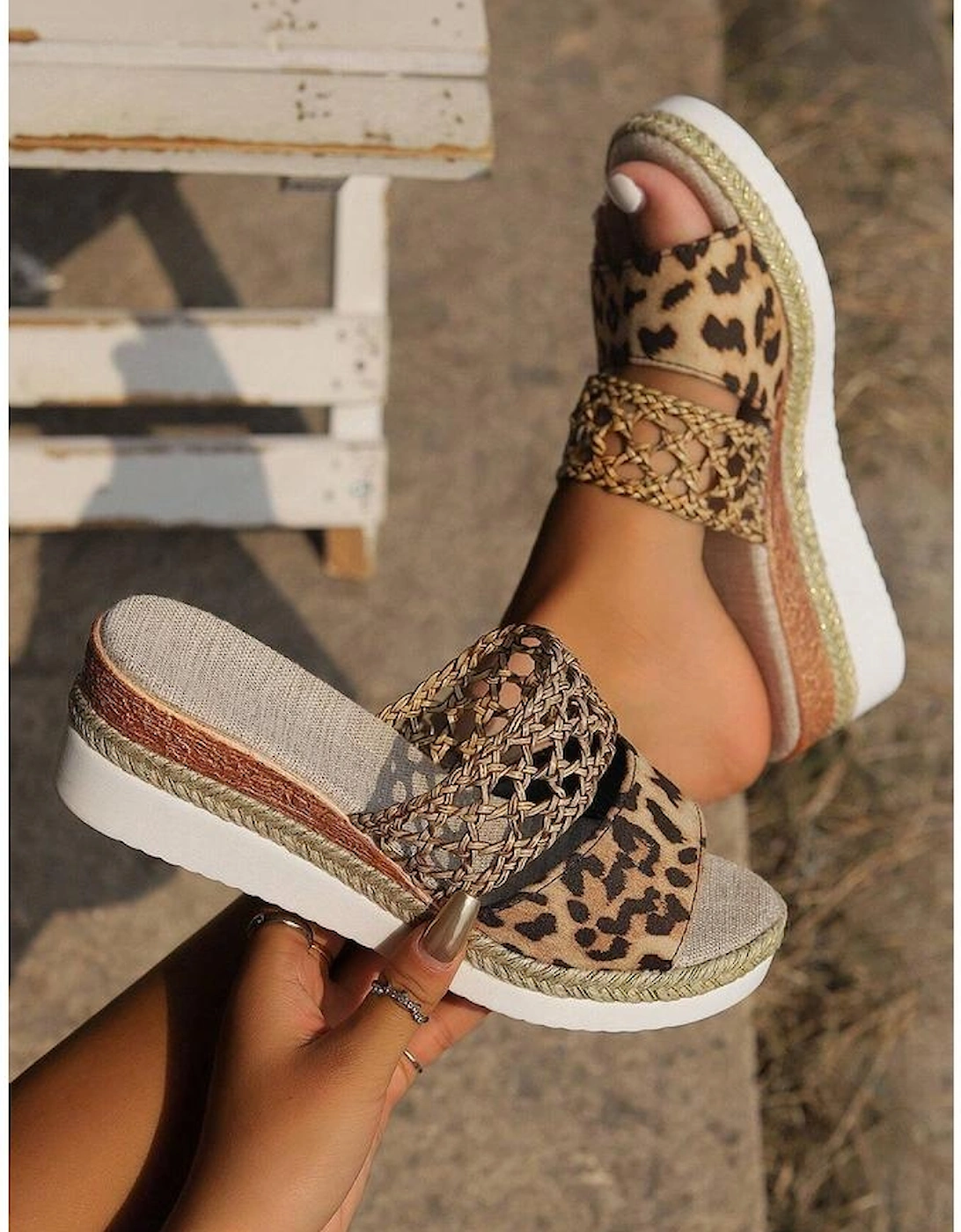 Chestnut Leopard Print Braided Details Wedge Slippers