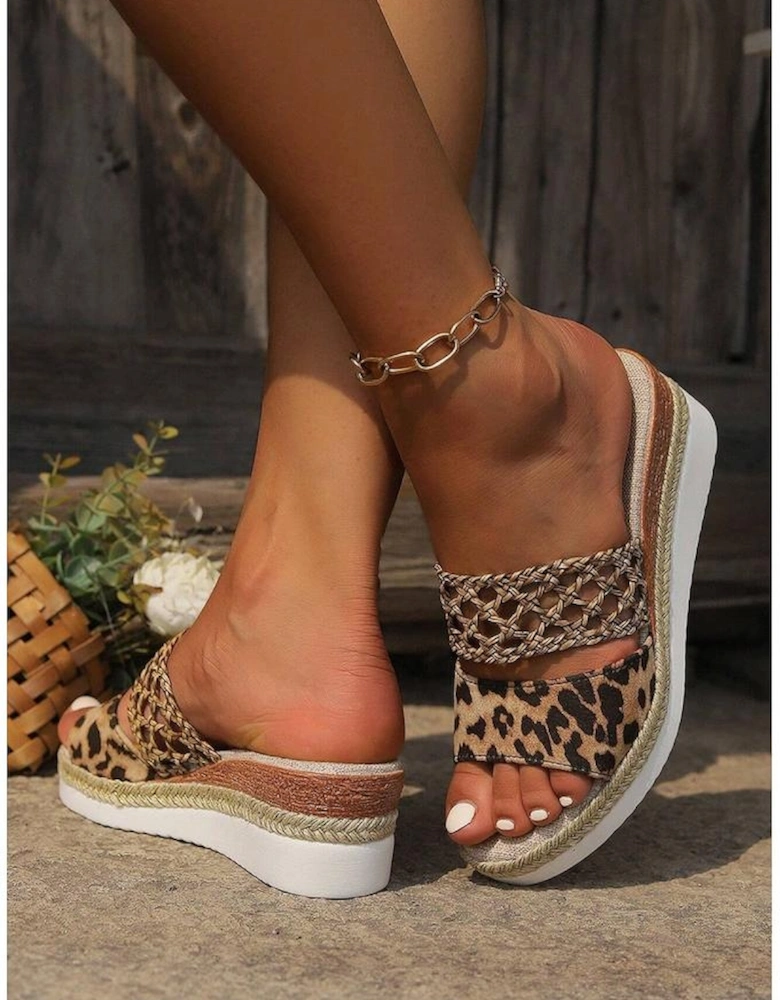 Chestnut Leopard Print Braided Details Wedge Slippers