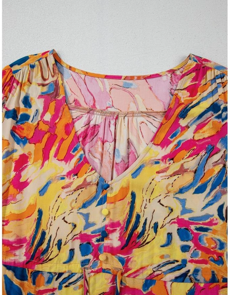 Pink Plant Print Flared Sleeve Ruffled Hem Tunic High Waist Flowy Dress