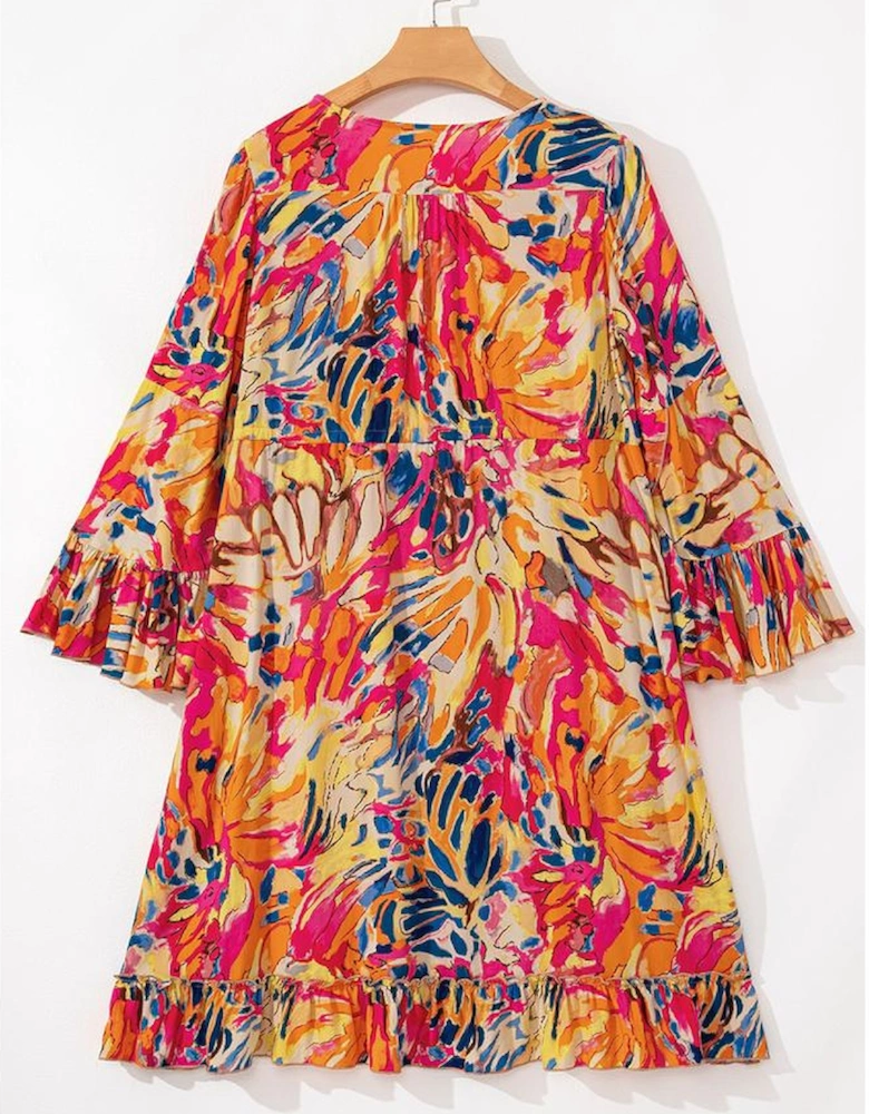 Pink Plant Print Flared Sleeve Ruffled Hem Tunic High Waist Flowy Dress