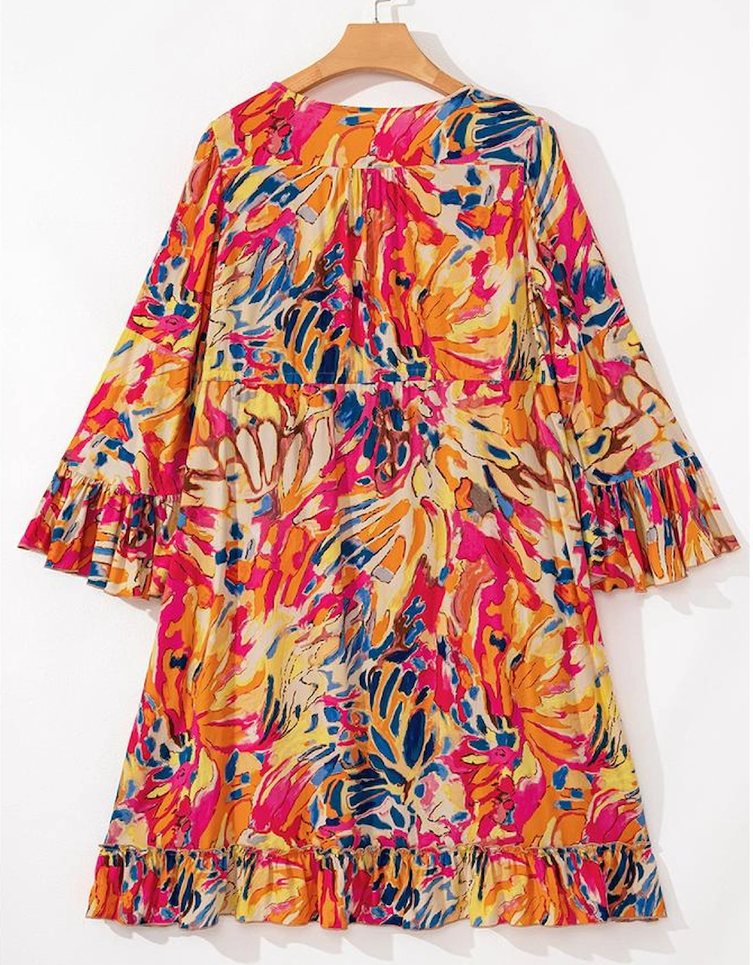 Pink Plant Print Flared Sleeve Ruffled Hem Tunic High Waist Flowy Dress