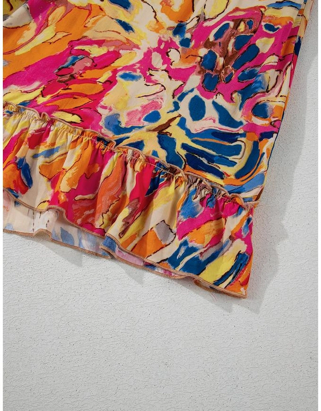 Pink Plant Print Flared Sleeve Ruffled Hem Tunic High Waist Flowy Dress