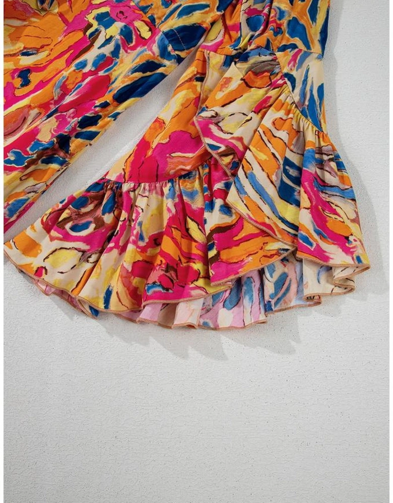 Pink Plant Print Flared Sleeve Ruffled Hem Tunic High Waist Flowy Dress