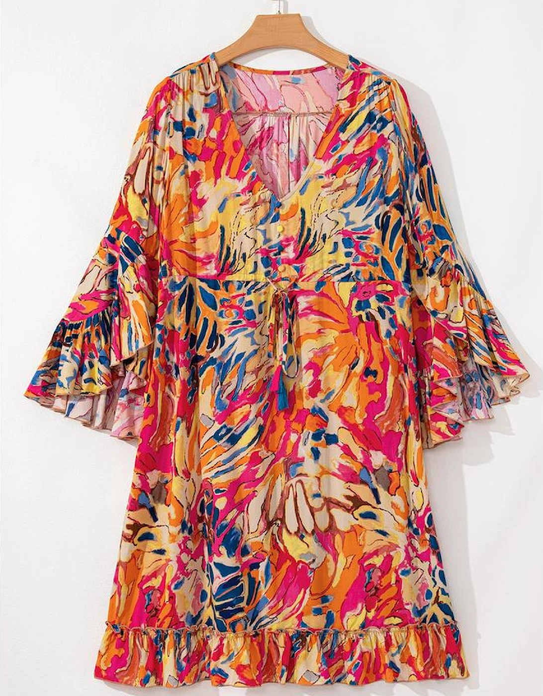 Pink Plant Print Flared Sleeve Ruffled Hem Tunic High Waist Flowy Dress