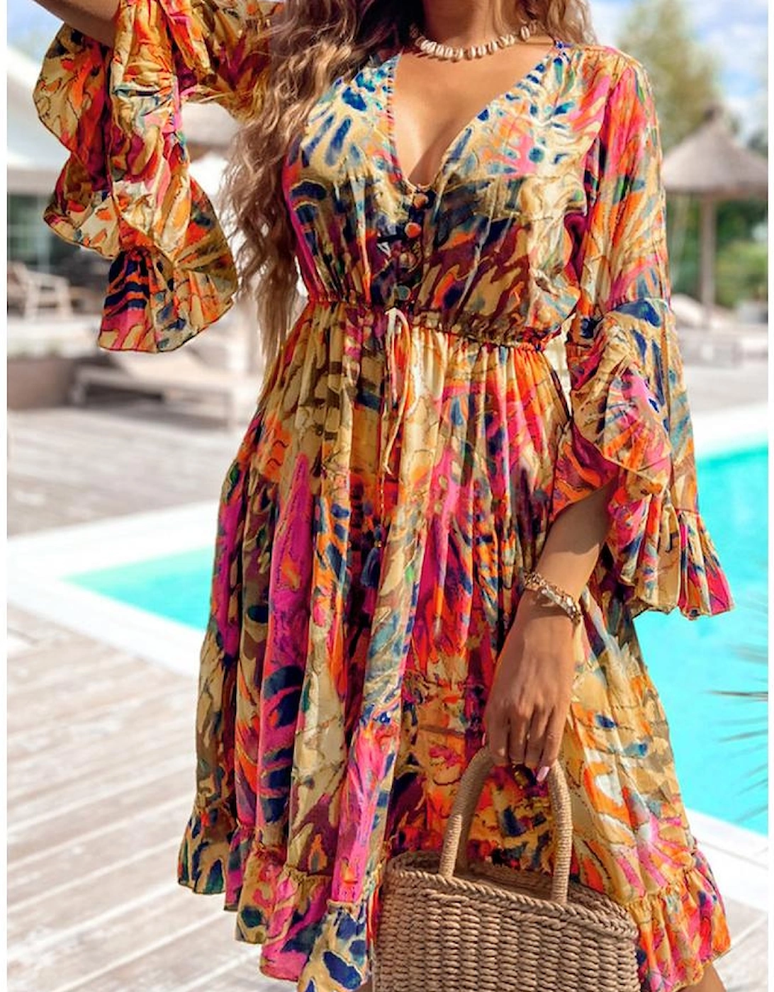 Pink Plant Print Flared Sleeve Ruffled Hem Tunic High Waist Flowy Dress