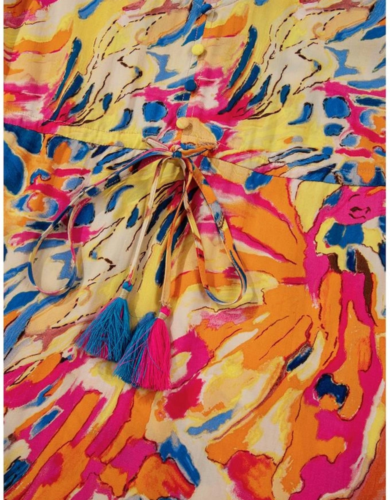 Pink Plant Print Flared Sleeve Ruffled Hem Tunic High Waist Flowy Dress