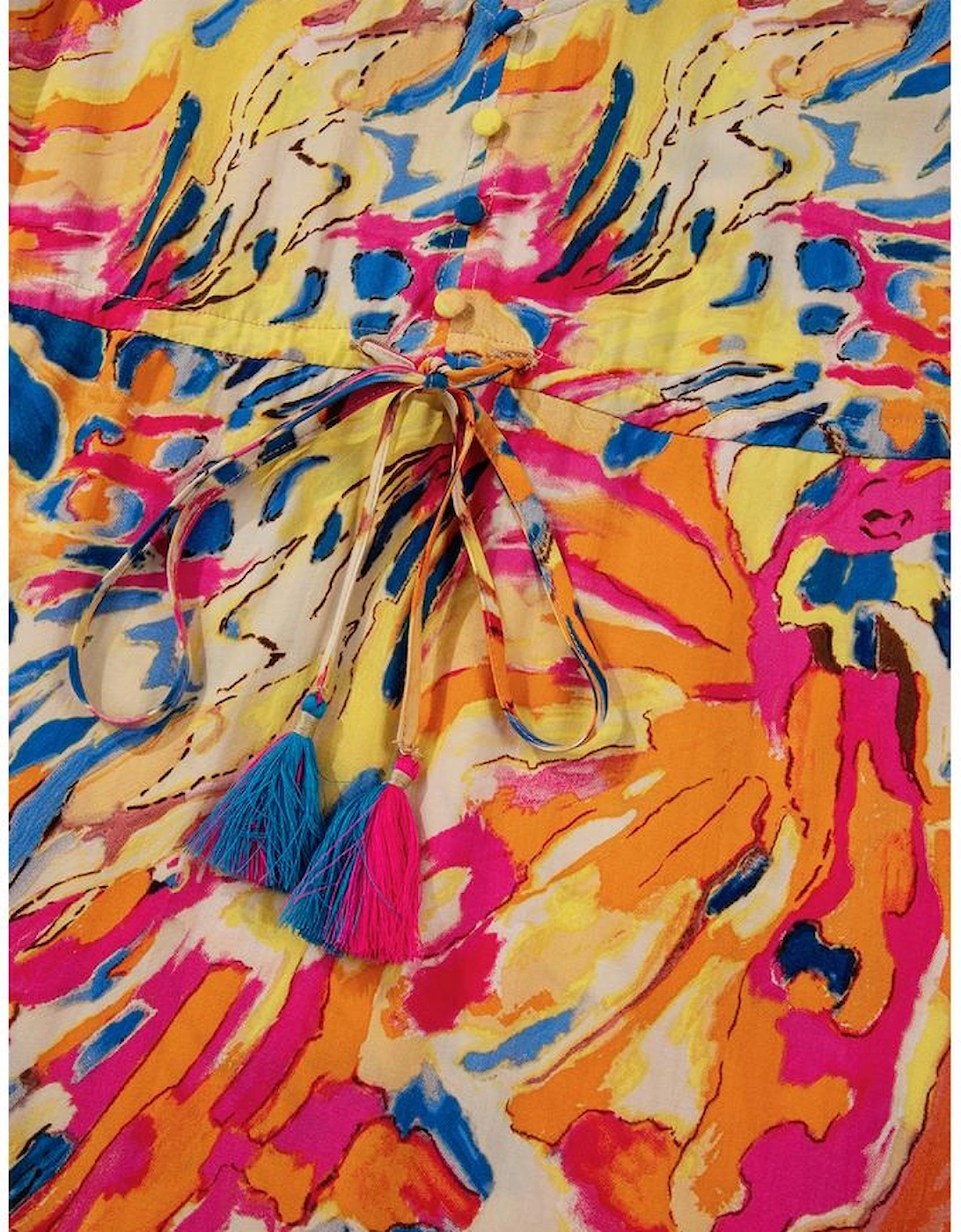 Pink Plant Print Flared Sleeve Ruffled Hem Tunic High Waist Flowy Dress