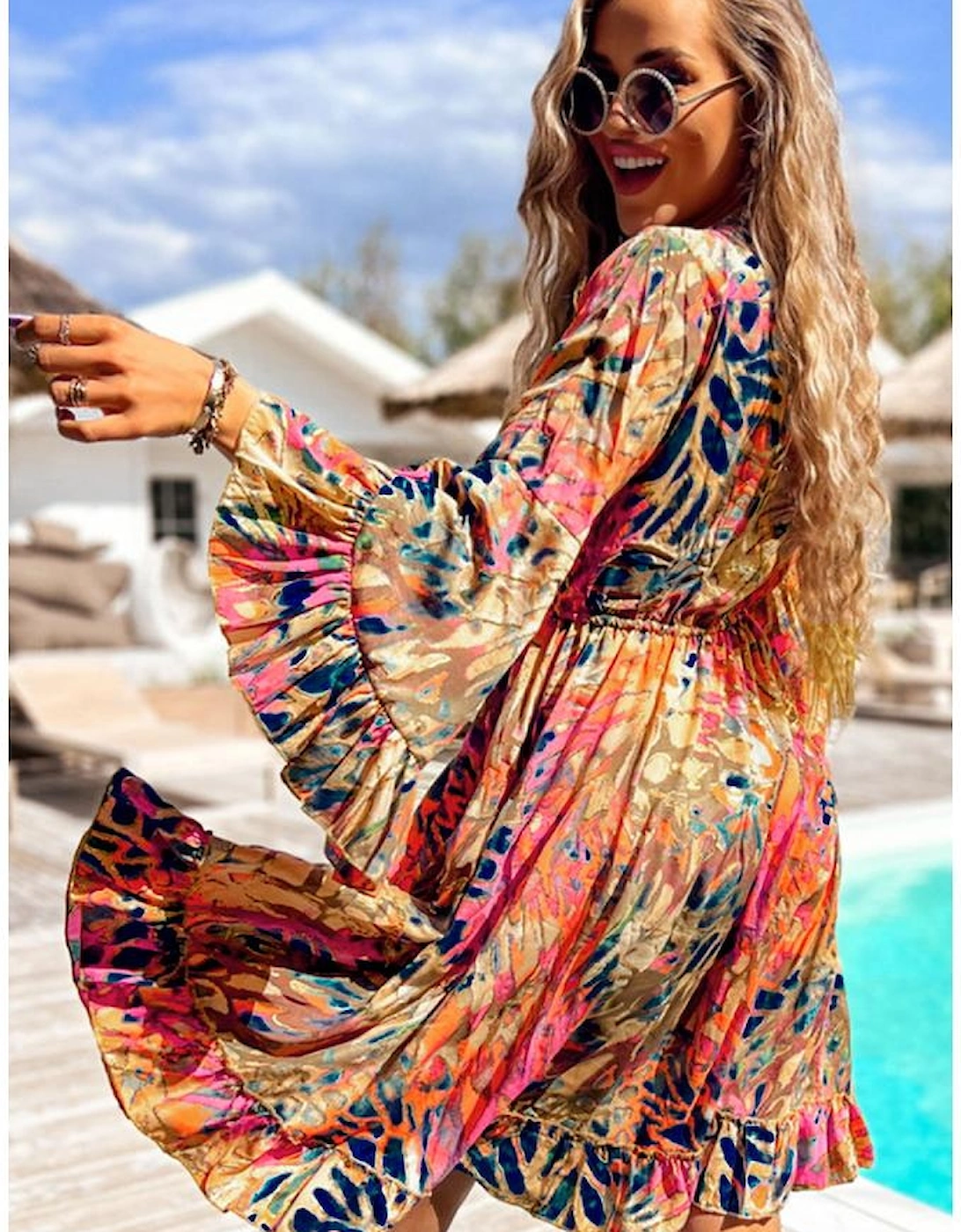 Pink Plant Print Flared Sleeve Ruffled Hem Tunic High Waist Flowy Dress