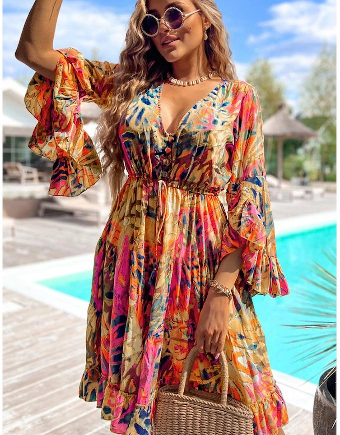 Pink Plant Print Flared Sleeve Ruffled Hem Tunic High Waist Flowy Dress