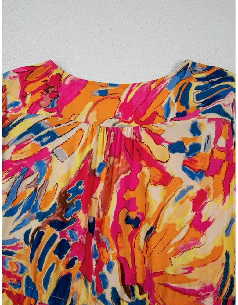 Pink Plant Print Flared Sleeve Ruffled Hem Tunic High Waist Flowy Dress