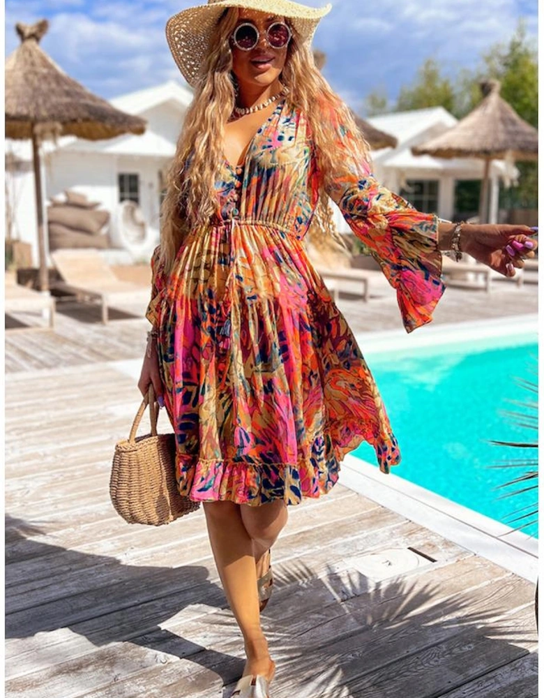 Pink Plant Print Flared Sleeve Ruffled Hem Tunic High Waist Flowy Dress