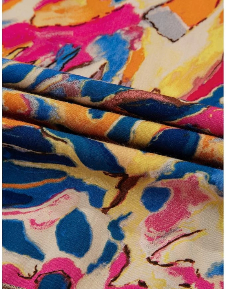 Pink Plant Print Flared Sleeve Ruffled Hem Tunic High Waist Flowy Dress