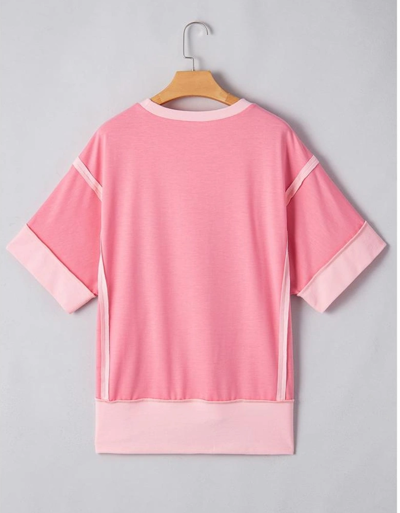 Peach Blossom Independence Day Sequin Star Graphic Contrast Patchwork Tee