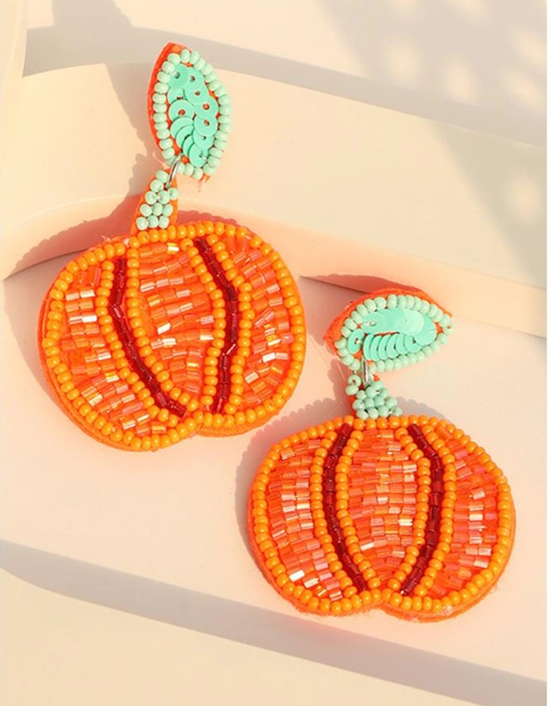 Orange Halloween Pumpkin Rice Beaded Drop Earrings