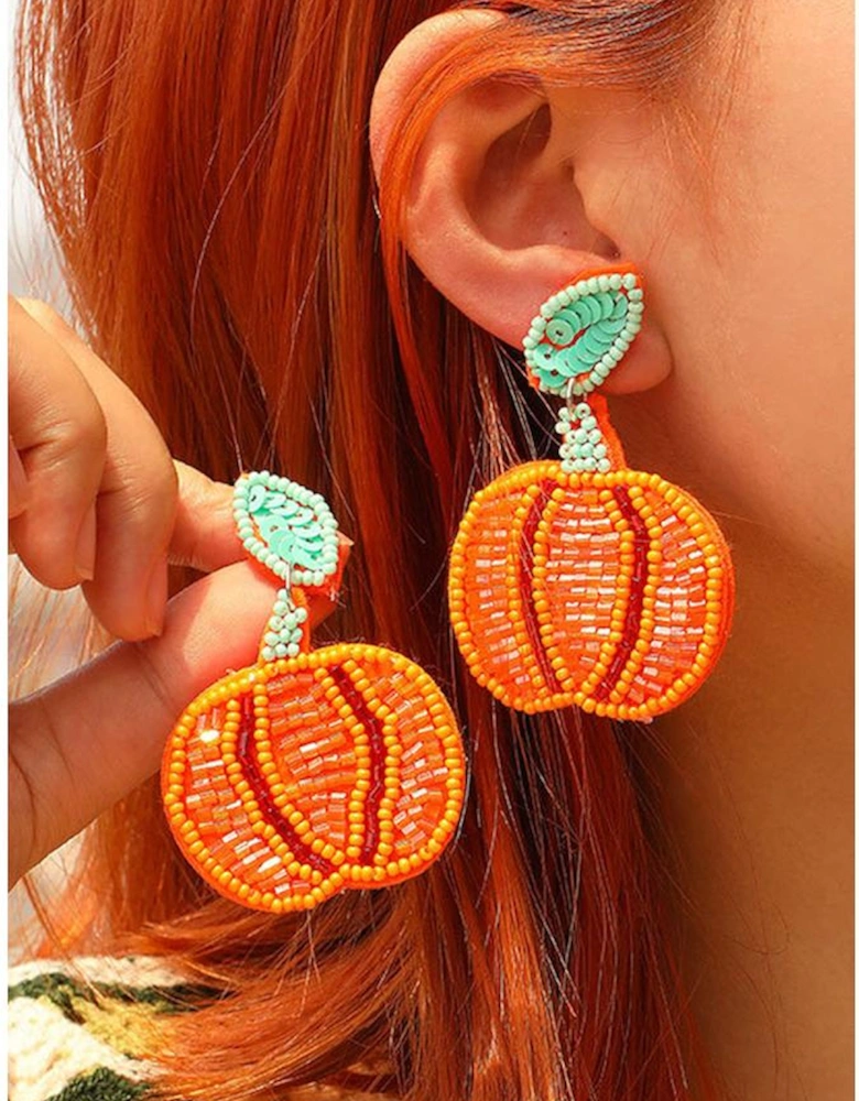 Orange Halloween Pumpkin Rice Beaded Drop Earrings