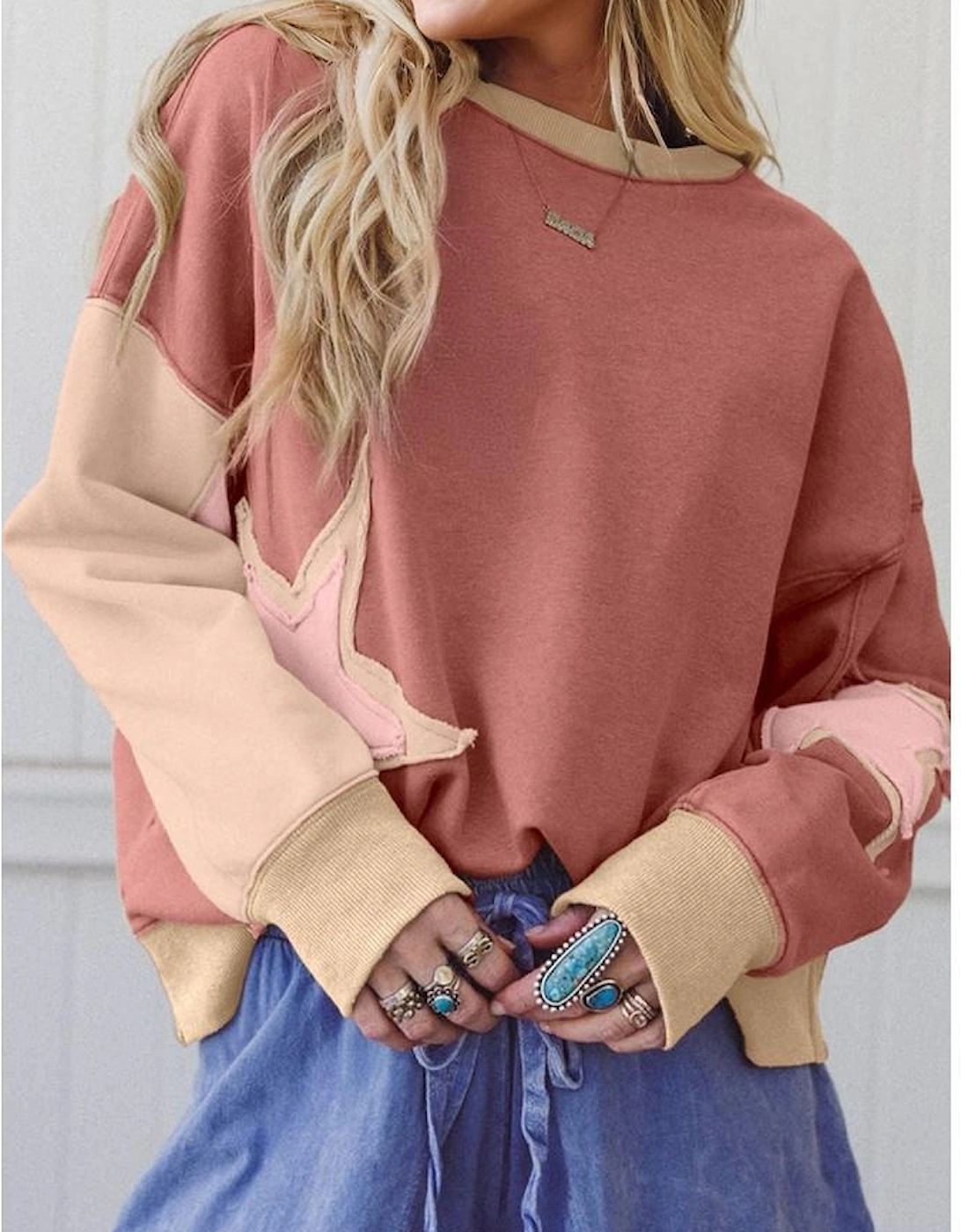 Rose Pink Contrast Star Patchwork Exposed Seam Uneven Hem Drop Shoulder Sweatshirt