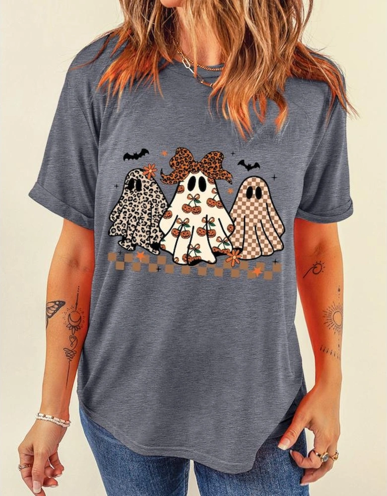 Gray Cute Halloween Ghost Printed Womens Casual Tee