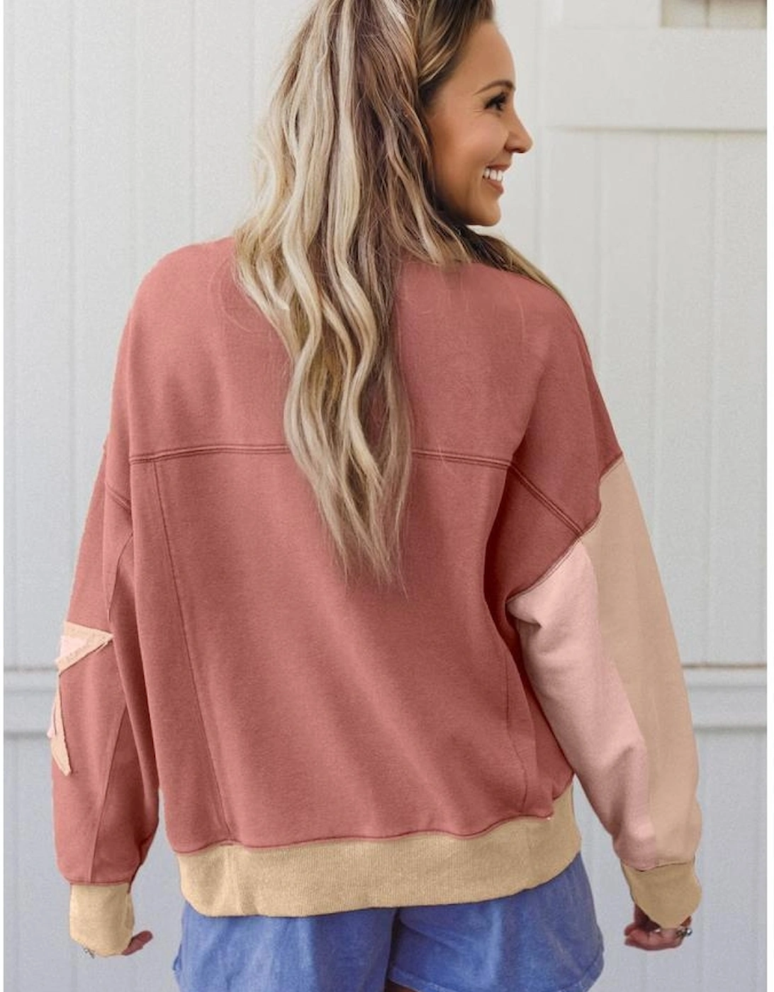 Rose Pink Contrast Star Patchwork Exposed Seam Uneven Hem Drop Shoulder Sweatshirt, 4 of 3
