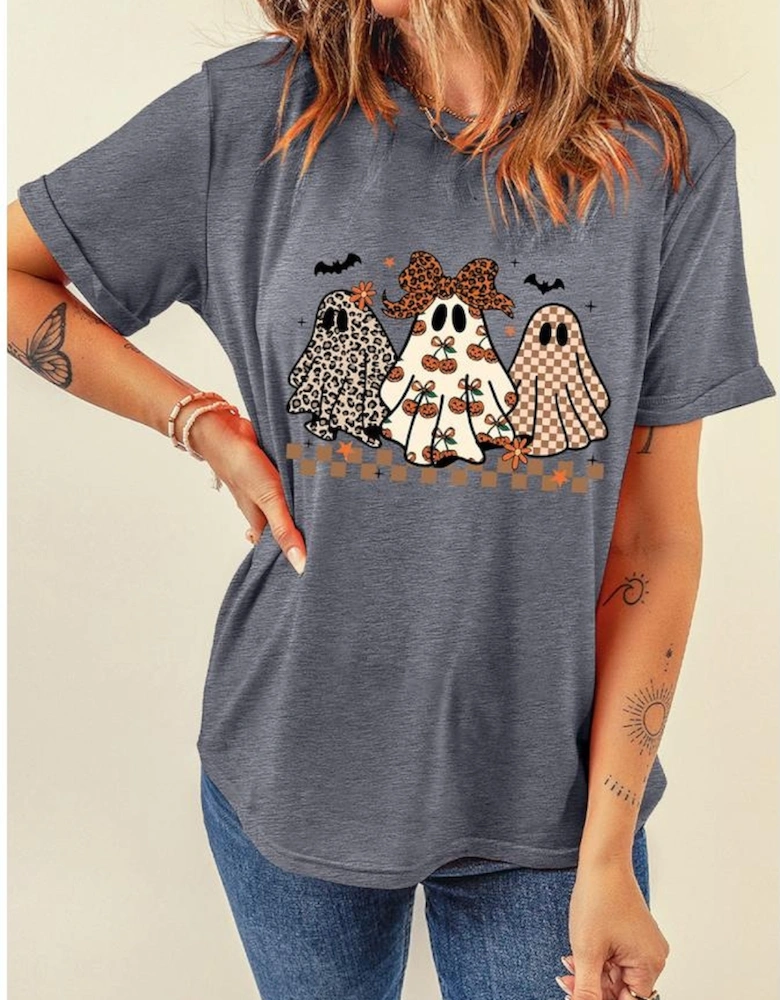 Gray Cute Halloween Ghost Printed Womens Casual Tee