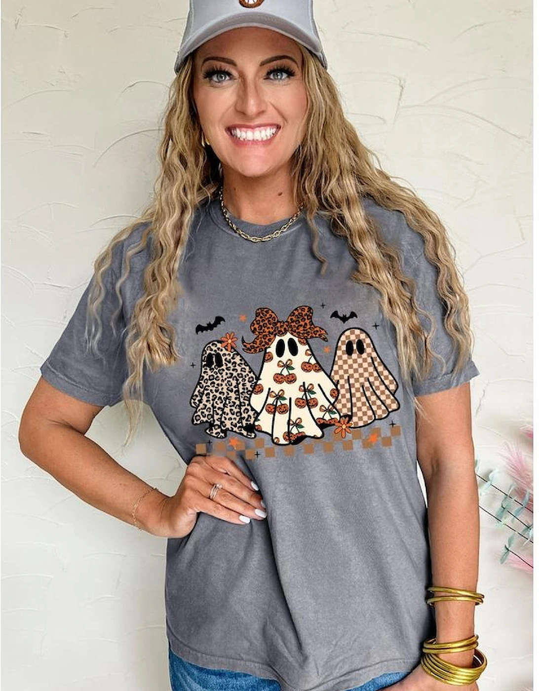 Gray Cute Halloween Ghost Printed Womens Casual Tee