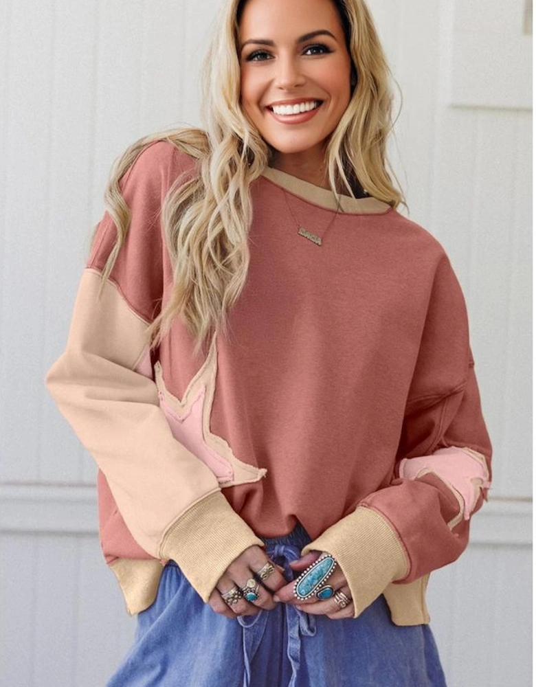 Rose Pink Contrast Star Patchwork Exposed Seam Uneven Hem Drop Shoulder Sweatshirt