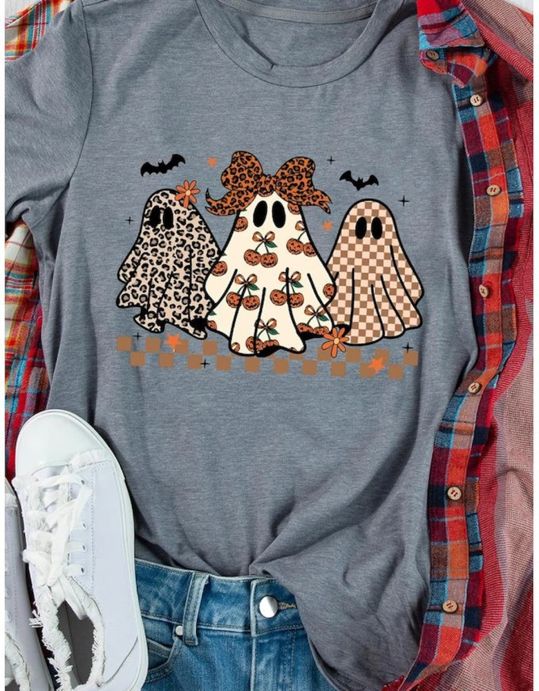 Gray Cute Halloween Ghost Printed Womens Casual Tee