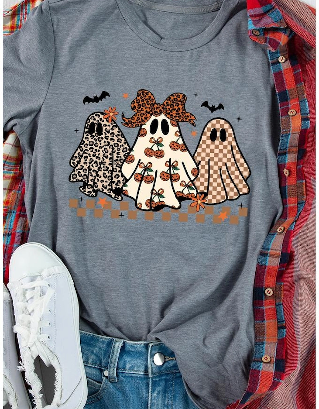 Gray Cute Halloween Ghost Printed Womens Casual Tee, 7 of 6
