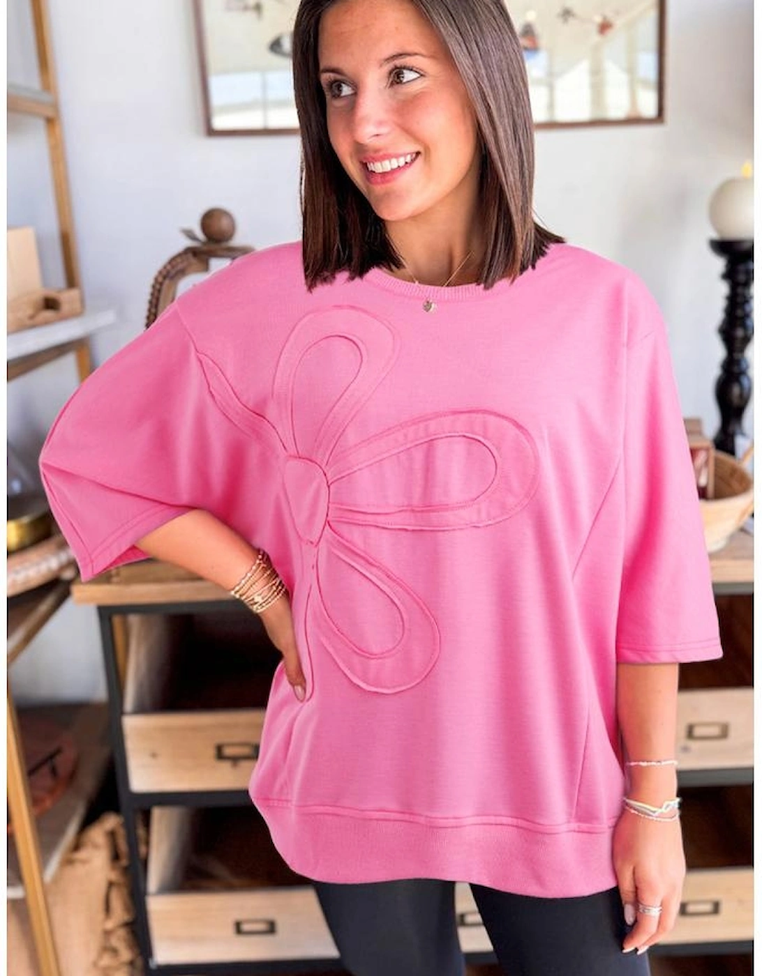 Sachet Pink Floral Patched Half Sleeve Tunic Top