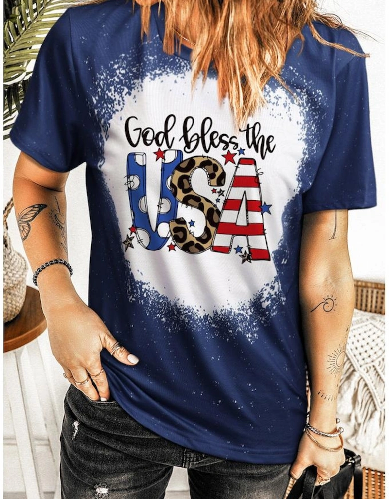Blue God Bless the USA Print Tie Dye T-Shirt