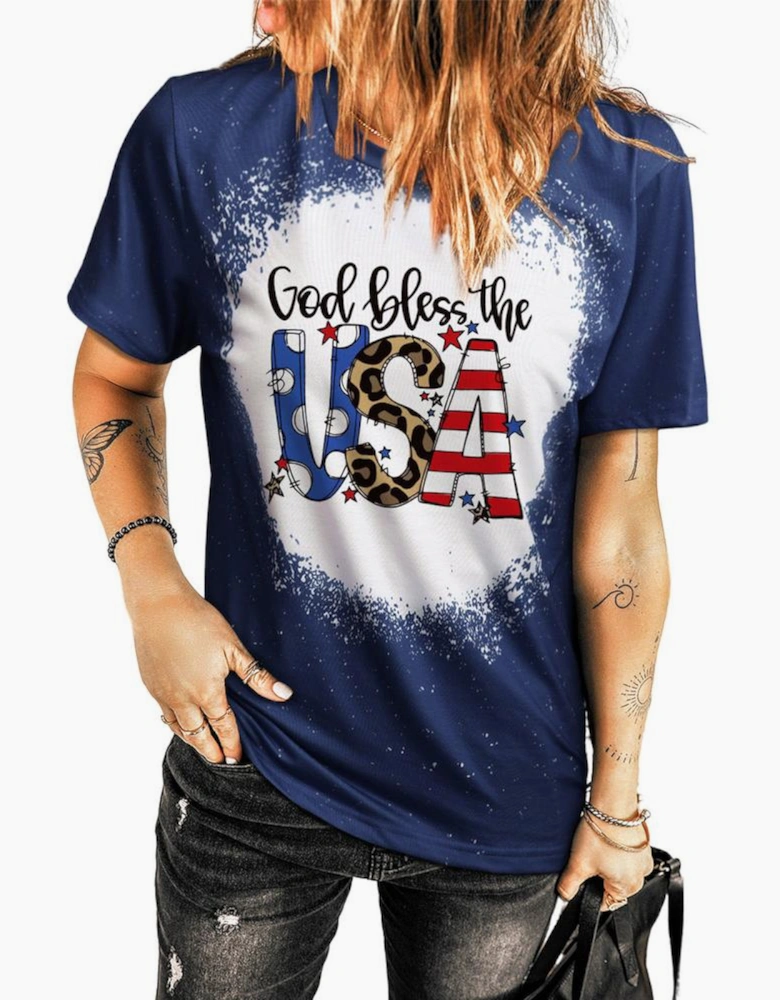 Blue God Bless the USA Print Tie Dye T-Shirt
