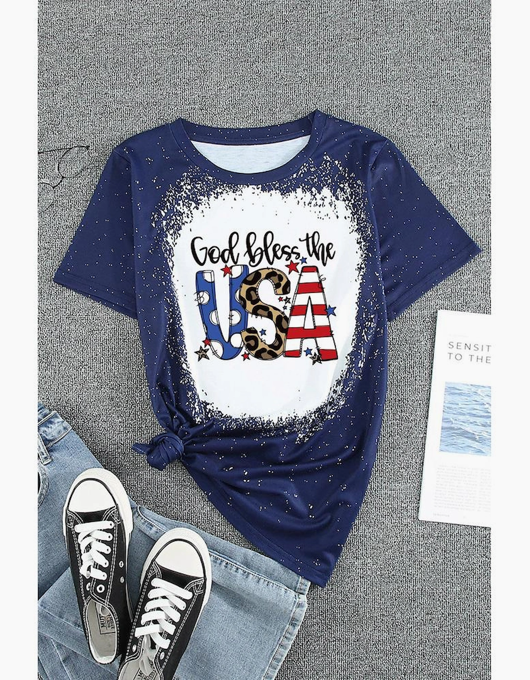 Blue God Bless the USA Print Tie Dye T-Shirt