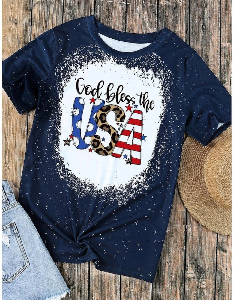 Blue God Bless the USA Print Tie Dye T-Shirt