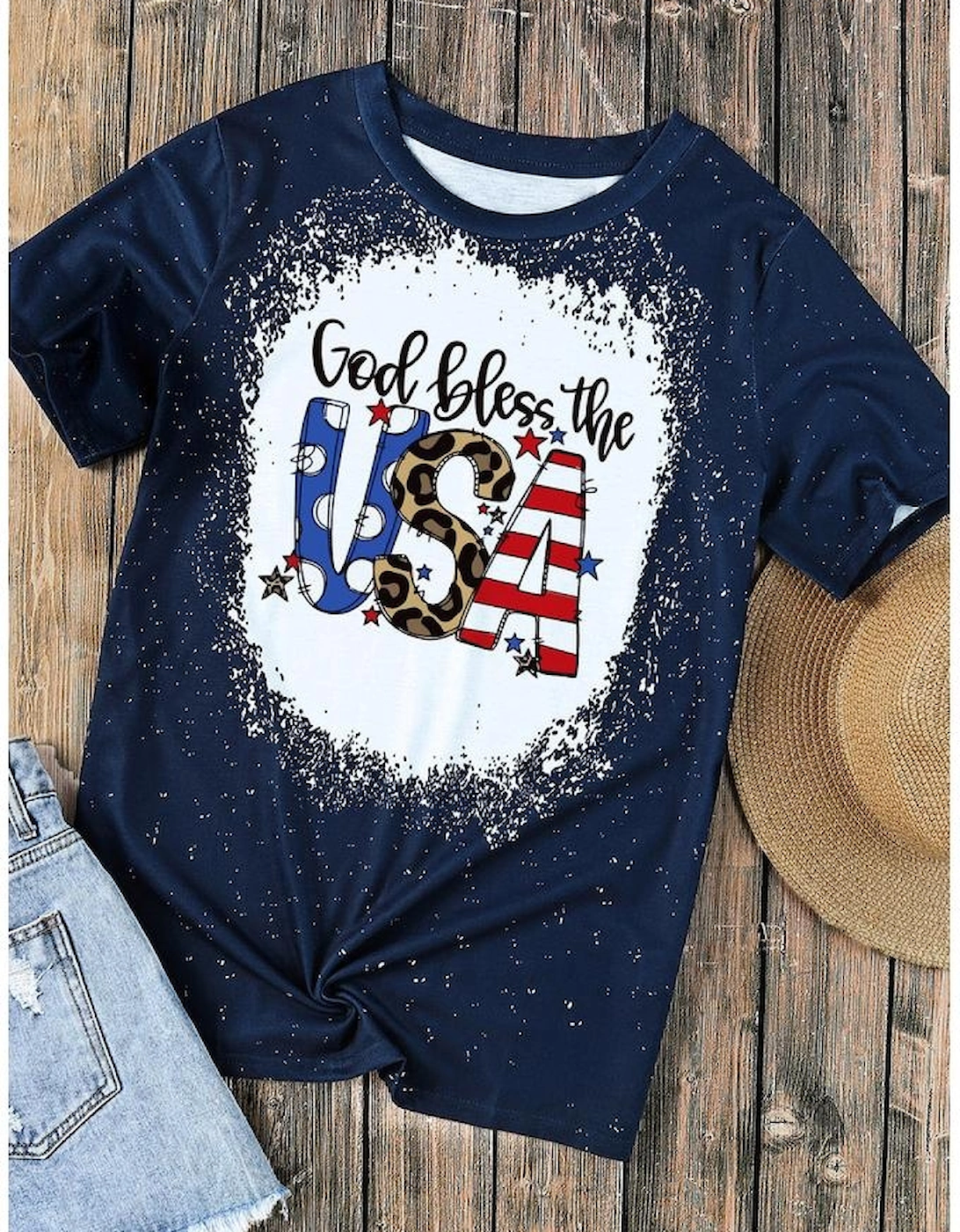 Blue God Bless the USA Print Tie Dye T-Shirt