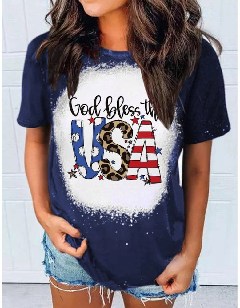 Blue God Bless the USA Print Tie Dye T-Shirt