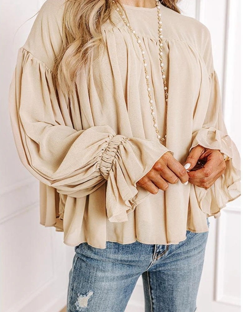 Parchment Pleated Ruffle Long Sleeve Chiffon Blouse
