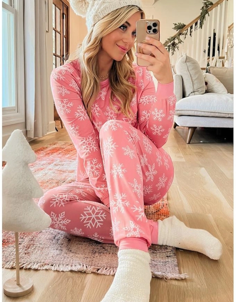 Pink Christmas Snowflake Print Two Piece Loungewear
