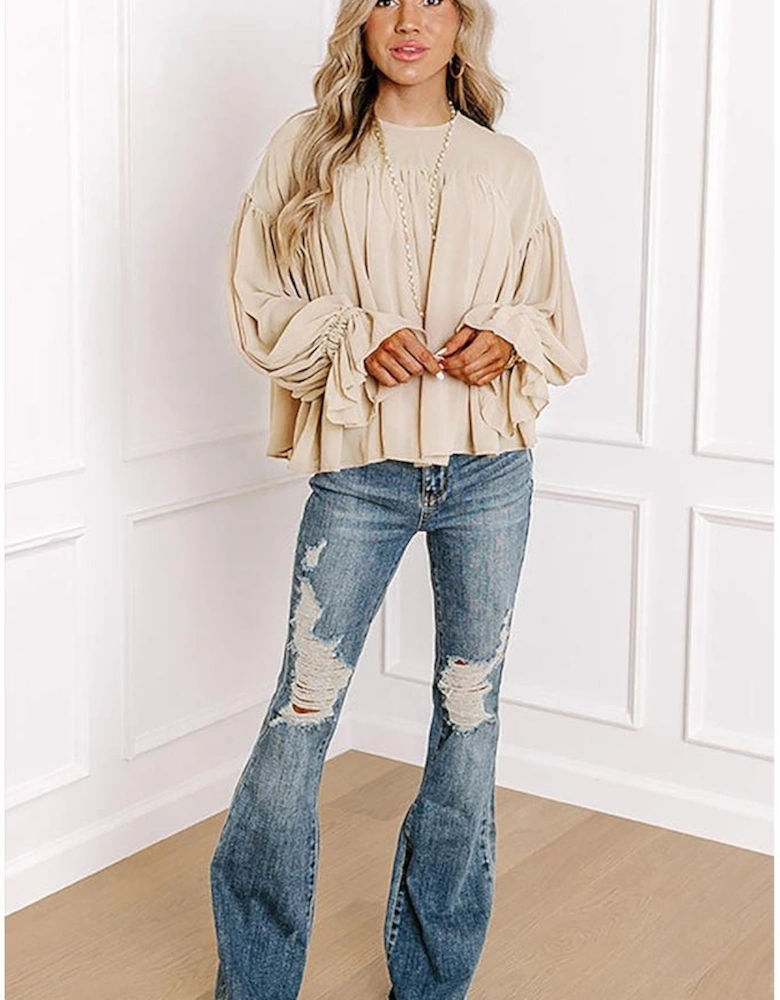Parchment Pleated Ruffle Long Sleeve Chiffon Blouse