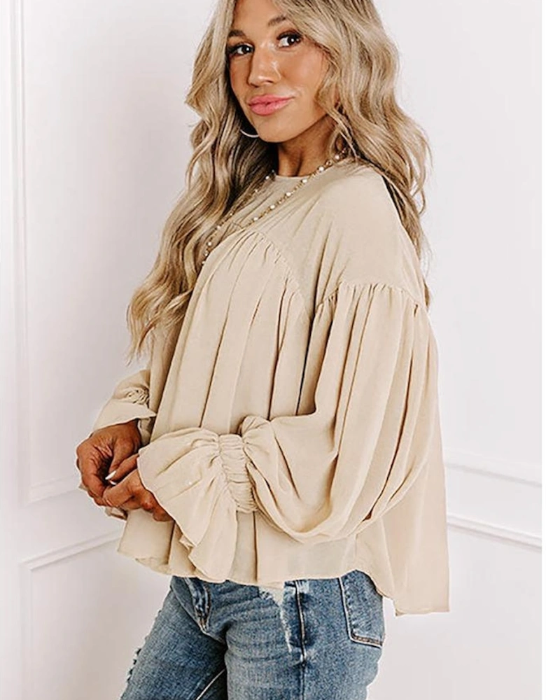 Parchment Pleated Ruffle Long Sleeve Chiffon Blouse
