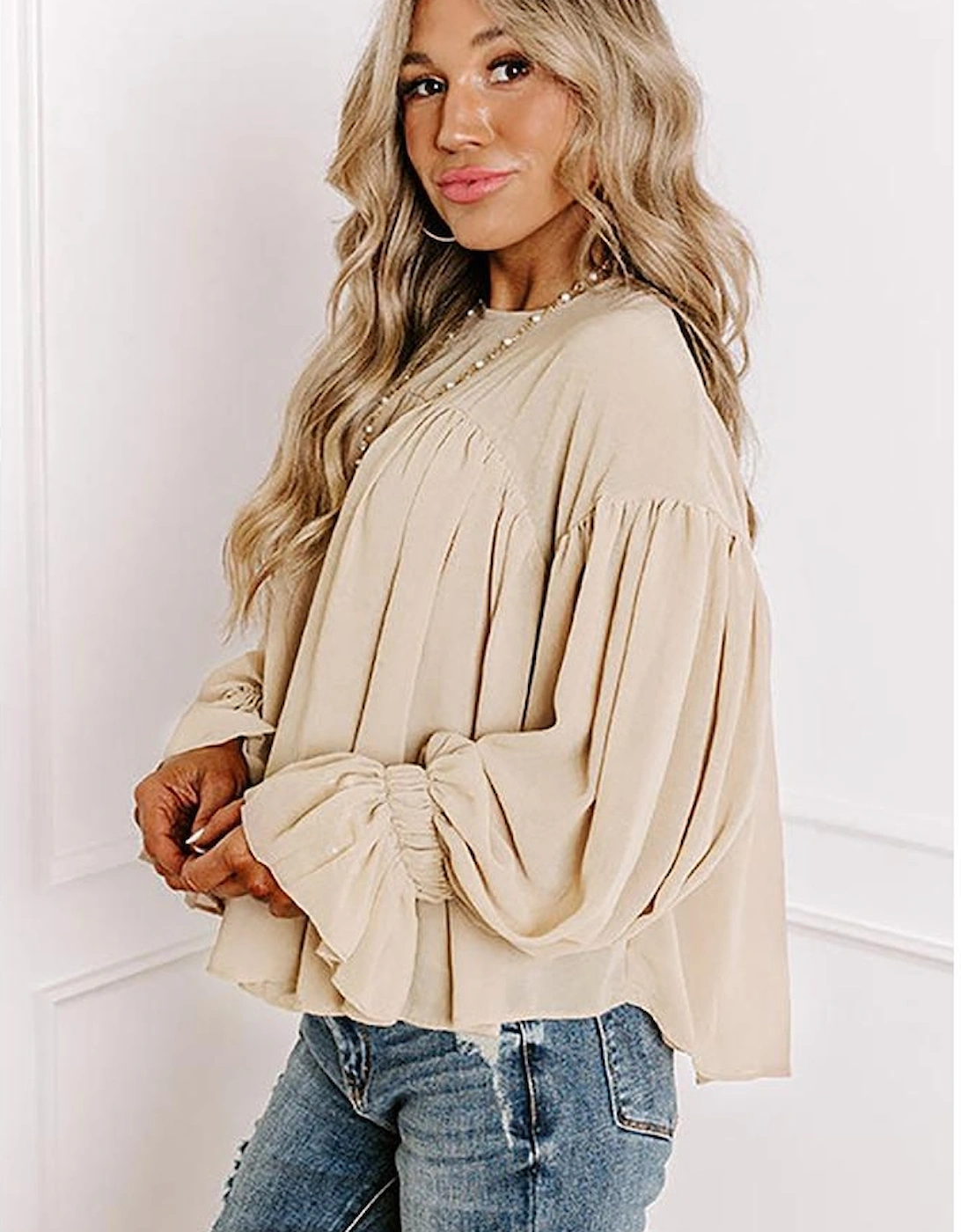 Parchment Pleated Ruffle Long Sleeve Chiffon Blouse