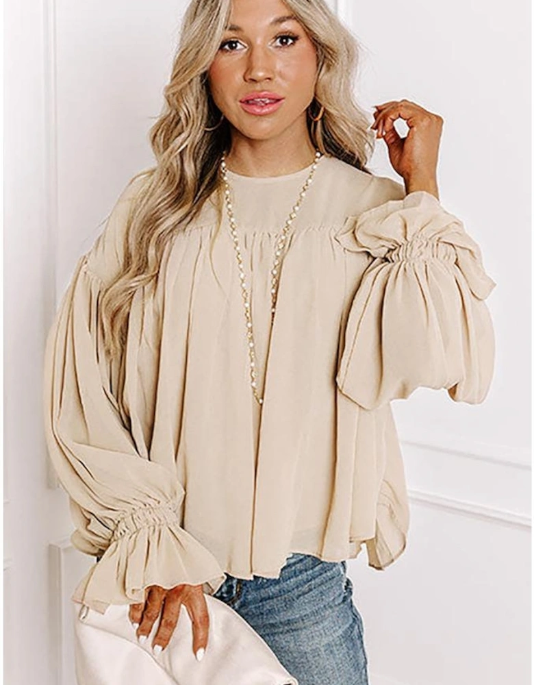 Parchment Pleated Ruffle Long Sleeve Chiffon Blouse