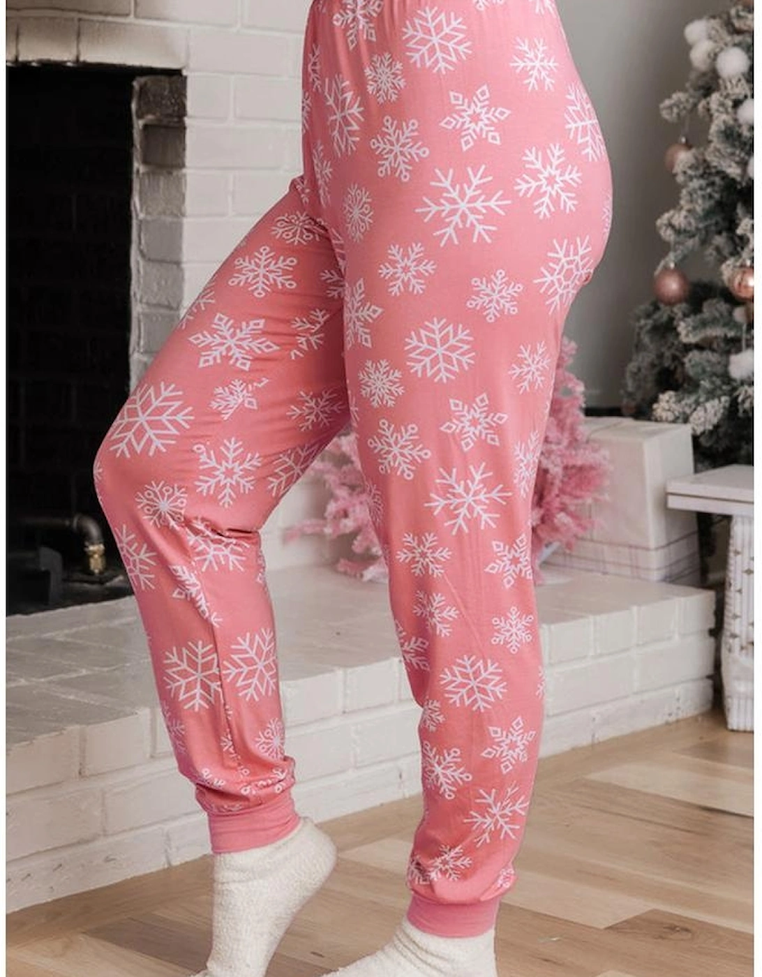 Pink Christmas Snowflake Print Two Piece Loungewear