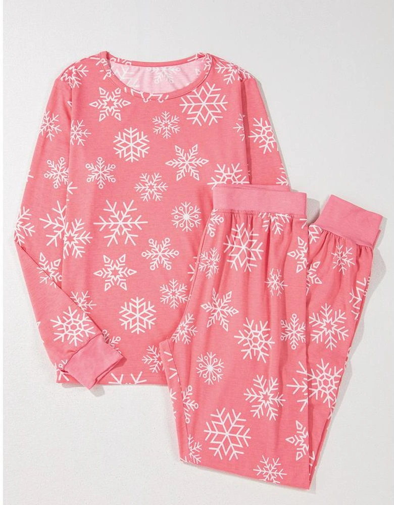 Pink Christmas Snowflake Print Two Piece Loungewear
