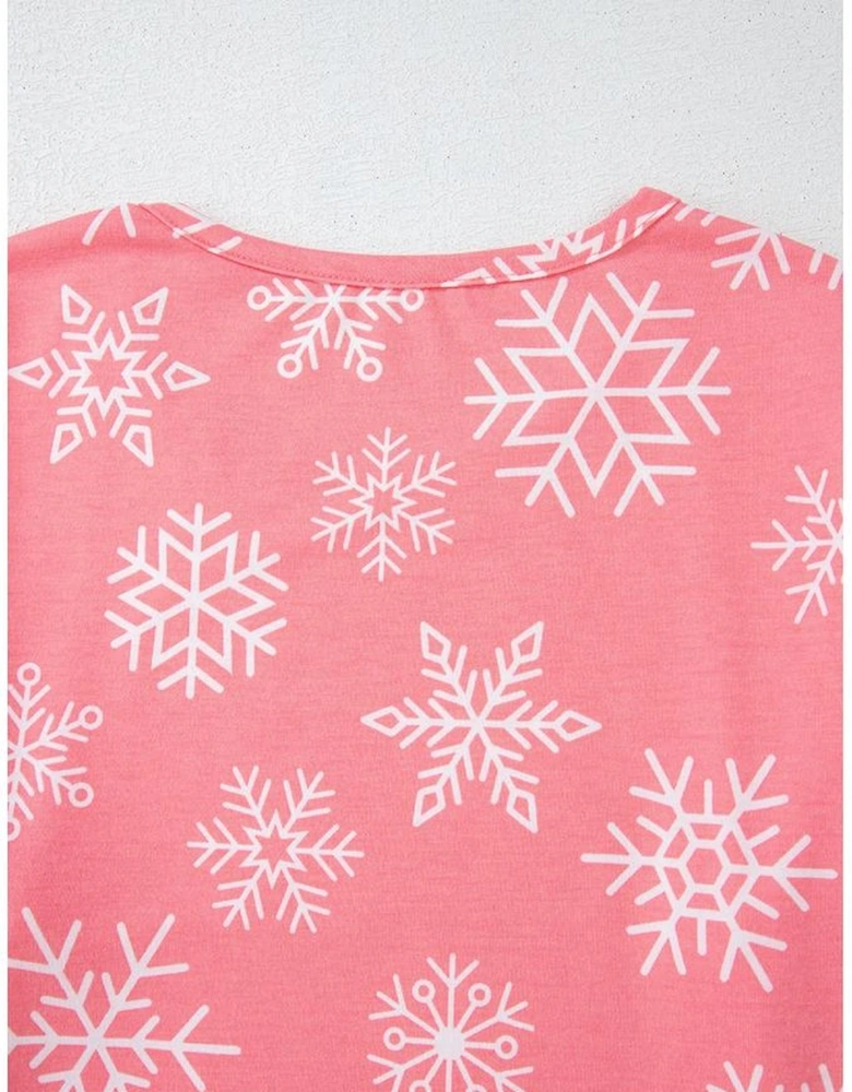 Pink Christmas Snowflake Print Two Piece Loungewear