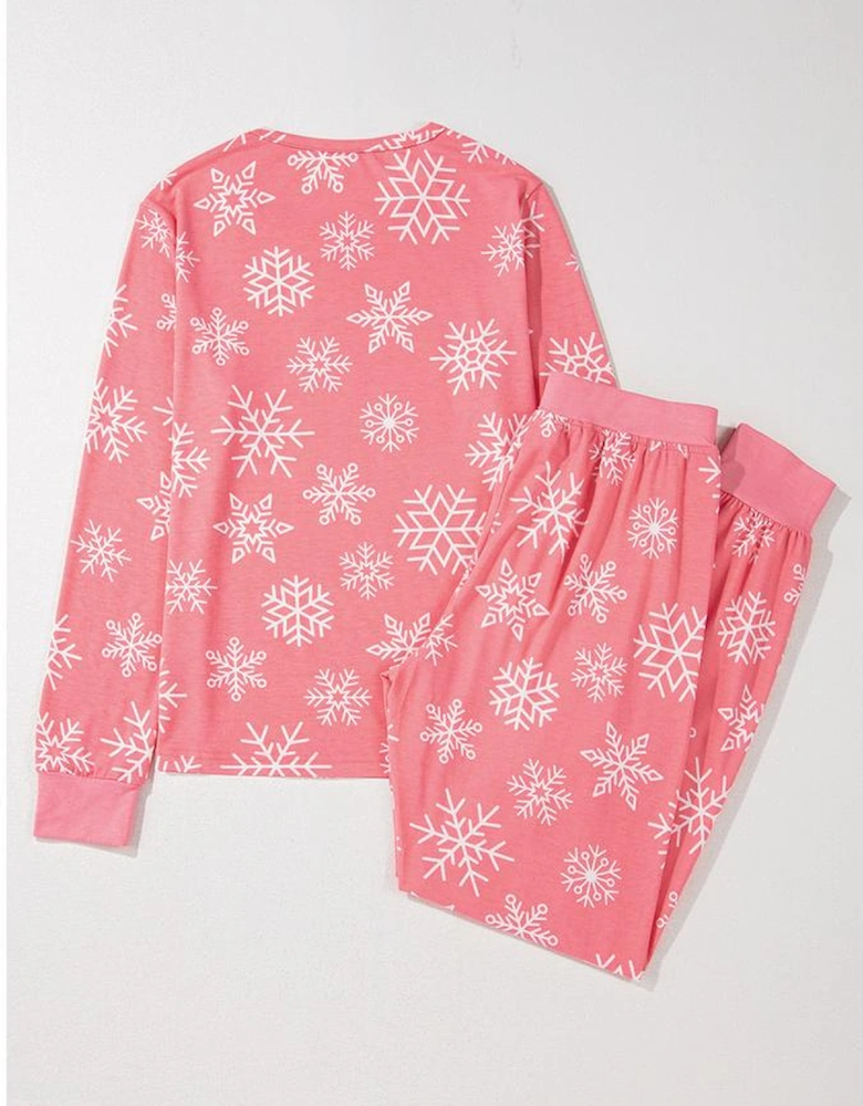 Pink Christmas Snowflake Print Two Piece Loungewear