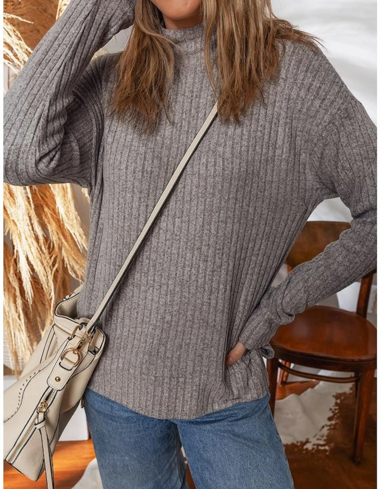 Gray Morn Ribbed High Neck Knitted Pullover Top