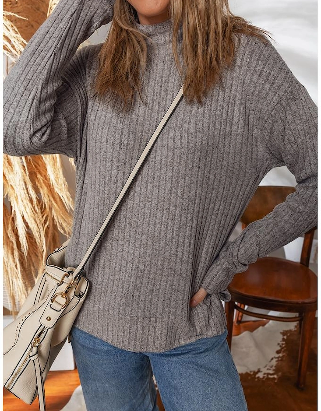 Gray Morn Ribbed High Neck Knitted Pullover Top