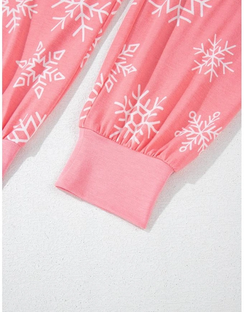 Pink Christmas Snowflake Print Two Piece Loungewear
